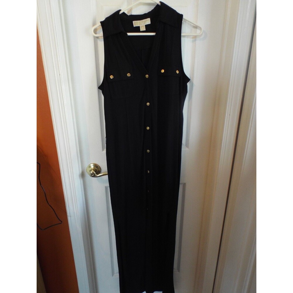 Michael Kors Shirt Dress Medium Black Gold Buttons Midi Slit